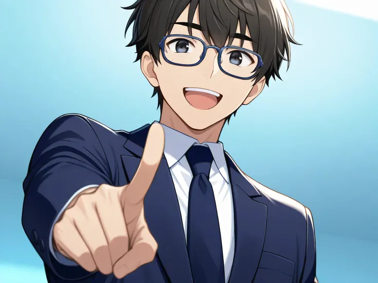 A digital anime-style illustration of a young man with short, dark brown or black hair, wearing clear-framed rectangular glasses, a white collared shirt, a dark blue tie, and a dark navy blue suit jacket. He is smiling with his mouth slightly open, reveali...