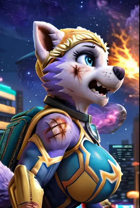 Everest, ((Paw Patrol)), ((female solo)), domestic dog, female, adult female, blue eyes, (lavender fur:1.65), ((lavender body)), (wearing captain marvel outfit:1.45), (wearing Paw Patrol collar:1.45), (wearing aqua winter hat:1.25), ((sharp teeths)), ((lar...
