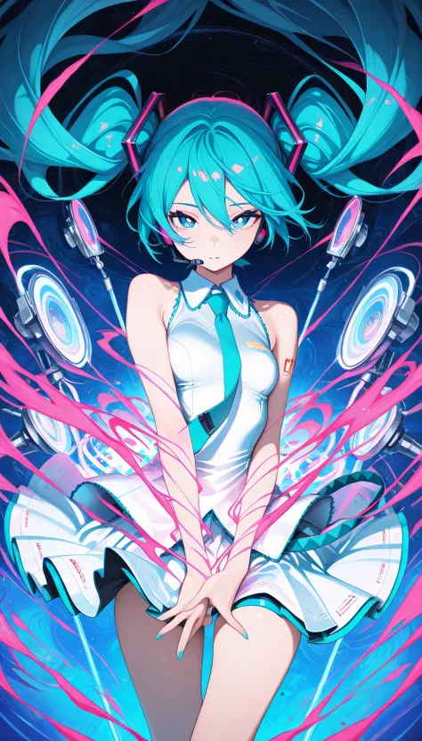 1girl, hatsune miku, white pupils, power elements, microphone, vibrant blue color palette, abstract,abstract background, dreamlike atmosphere, delicate linework, wind-swept hair, energy
,masterpiece,best quality,amazing quality,