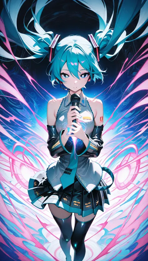 1girl, hatsune miku, white pupils, power elements, microphone, vibrant blue color palette, abstract,abstract background, dreamlike atmosphere, delicate linework, wind-swept hair, energy
,masterpiece,best quality,amazing quality,