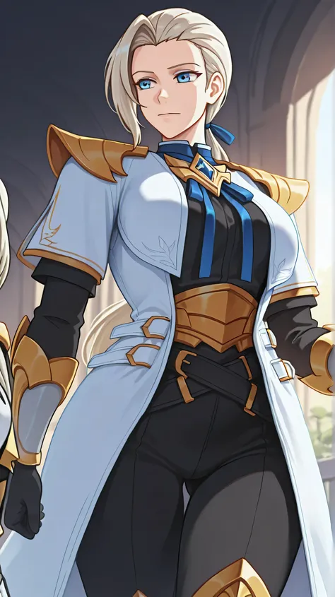 SilvanaBase, blue eyes, light blonde hair, long haircut, low ponytail, side bangs, Long white trench coat with gold details, gold shoulder pads decorated with sharp tips, black shirt, blue bow, open coat, Gloves, black sleeves with gold trim, Black skinny ...