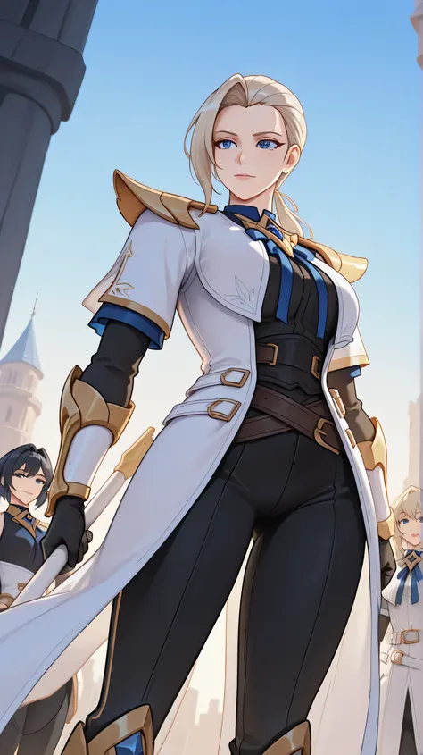 SilvanaBase, blue eyes, light blonde hair, long haircut, low ponytail, side bangs, Long white trench coat with gold details, gold shoulder pads decorated with sharp tips, black shirt, blue bow, open coat, Gloves, black sleeves with gold trim, Black skinny ...