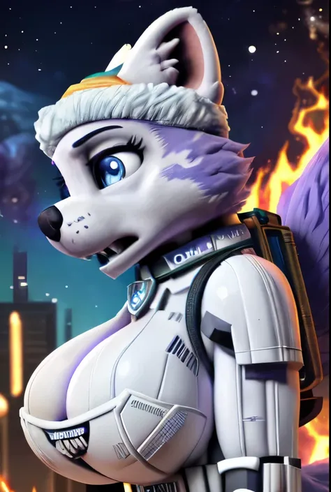 Everest, ((Paw Patrol)), ((female solo)), domestic dog, female, adult female, blue eyes, (lavender fur:1.65), ((lavender body)), (wearing stormtrooper outfit:1.45), (wearing Paw Patrol collar:1.45), (wearing aqua winter hat:1.25), ((sharp teeths)), ((large...