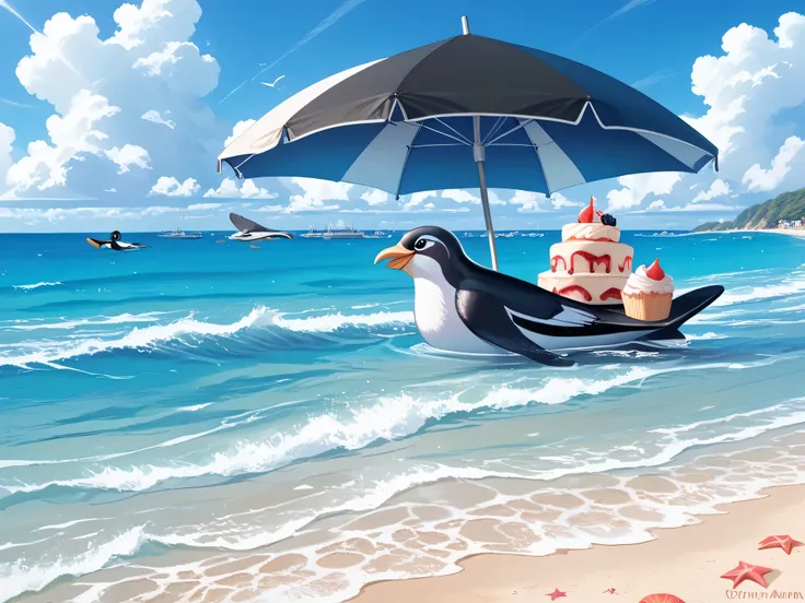 penguin on the beach with a cake and an umbrella, penguin, penguinズ0, army of robotic penguin, sunny day, amazing wallpapers, soldier penguin, close-up view, Crowded Beach , Illustrations of, digital paint, Illustrations, 🦩🪐🐞👩🏻🦳, Kim Eun-hwan, Mobile Wal...