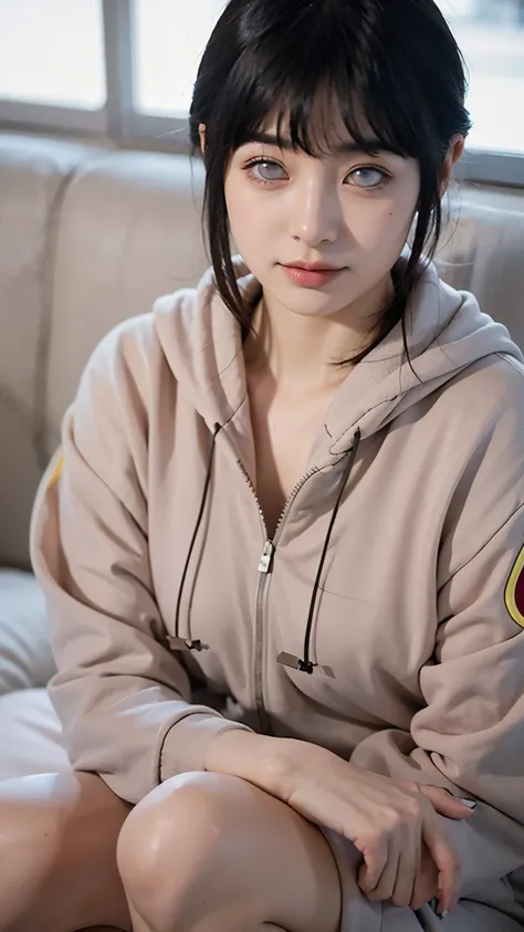 Create a photorealistic portrait of Hinata Hyuga from Naruto as if she existed in the real world. She is a stunning young woman with long, flowing dark indigo hair, soft bangs framing her delicate face. Her eyes are a pale lavender shade, glowing with warm...