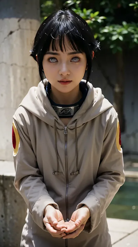 Create a photorealistic portrait of Hinata Hyuga from Naruto as if she existed in the real world. She is a stunning young woman with long, flowing dark indigo hair, soft bangs framing her delicate face. Her eyes are a pale lavender shade, glowing with warm...