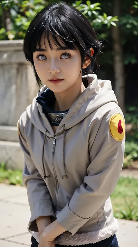 Create a photorealistic portrait of Hinata Hyuga from Naruto as if she existed in the real world. She is a stunning young woman with long, flowing dark indigo hair, soft bangs framing her delicate face. Her eyes are a pale lavender shade, glowing with warm...