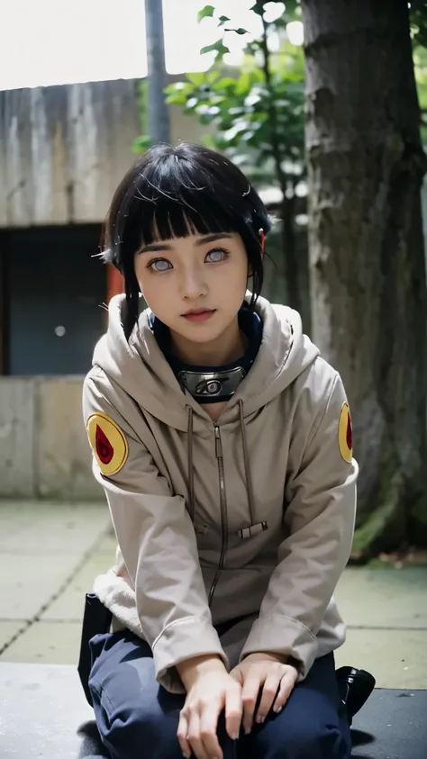Create a photorealistic portrait of Hinata Hyuga from Naruto as if she existed in the real world. She is a stunning young woman with long, flowing dark indigo hair, soft bangs framing her delicate face. Her eyes are a pale lavender shade, glowing with warm...