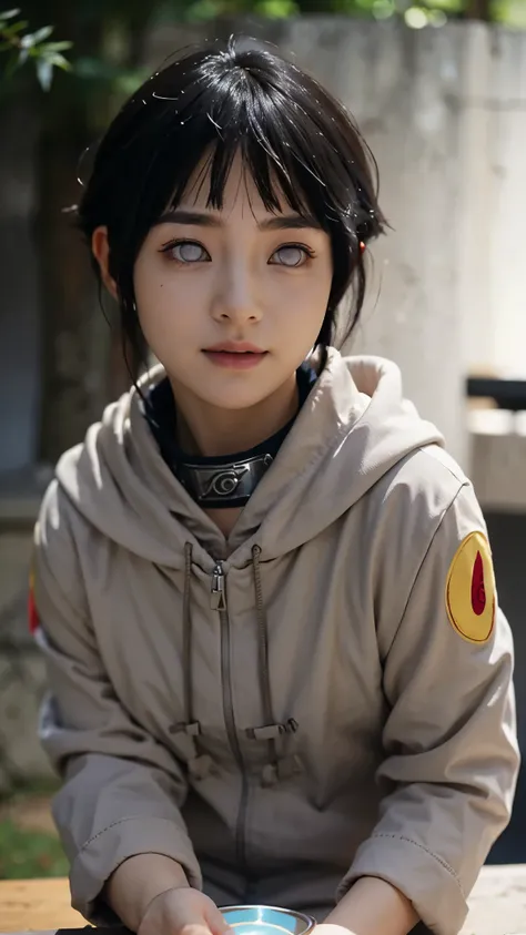 Create a photorealistic portrait of Hinata Hyuga from Naruto as if she existed in the real world. She is a stunning young woman with long, flowing dark indigo hair, soft bangs framing her delicate face. Her eyes are a pale lavender shade, glowing with warm...