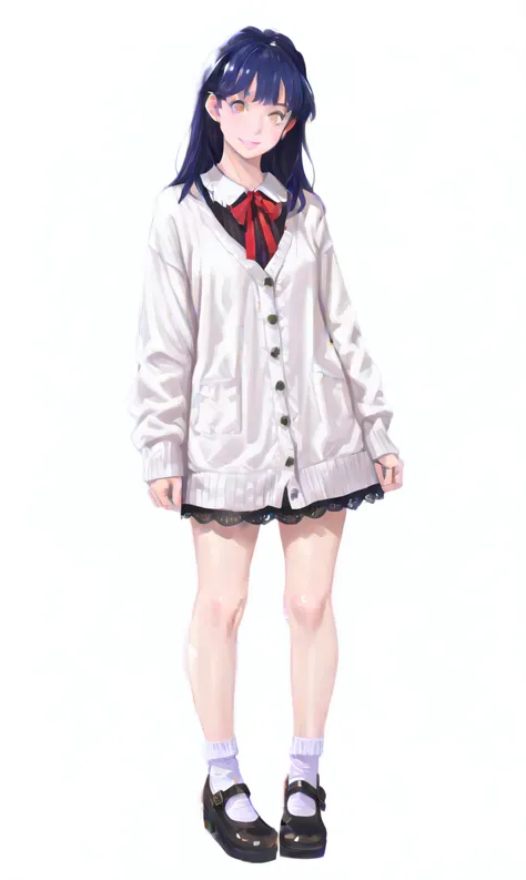 ((masterpiece, best quality girl focus)), (solo, cute, young girl, girl only), , , eye contact, dark blue hair, yellow and gray eyes, black hair, bangs, smiling, hair red ribbon, 
gray cardigan, lace-trimmed dress, White Sox, mary janes, full body, standin...