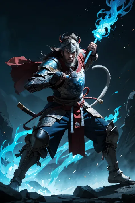 A monkey king with japanesse samurai armor.on detail face, big and long fangs, sharp eyes.  epic mist backgroud, blue and black design, super detailed in back sky with flames. one torch on hand, torch with blue flame. awakening , japanesse ink style design...