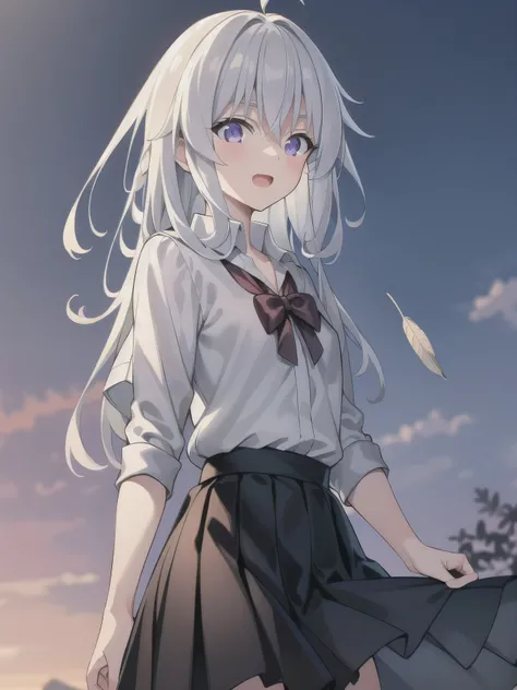 White hair, long hair,( purple eyes:1.5), (big :1.2),
1 Girl, school uniforms, flat chest, open mouth , outdoor,wind, Game CG Break,,( masterpiece), (best quality), (ultra-detailed), Very beautiful, Newest, Beauty illustration,Super Fine Skin, shiny sk...