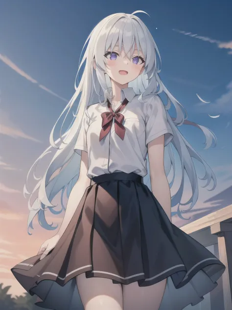 White hair, long hair,( purple eyes:1.5), (big :1.2),
1 Girl, school uniforms, flat chest, open mouth , outdoor,wind, Game CG Break,,( masterpiece), (best quality), (ultra-detailed), Very beautiful, Newest, Beauty illustration,Super Fine Skin, shiny sk...