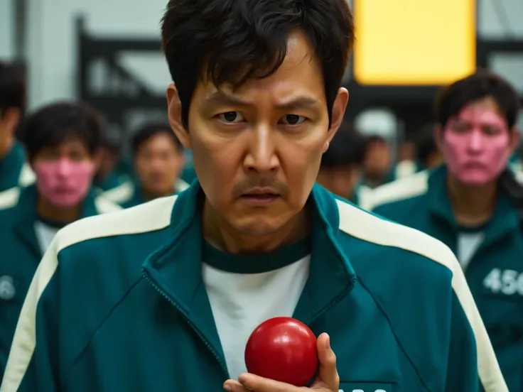 Ultra-realistic cinematic front-view of Seong Gi-hun inside the Squid Game compound. He's in a teal-green 456 tracksuit, worn and bloodstained, with a white shirt peeking underneath. His expression is tense and fearful—furrowed brows, clenched jaw, eyes lo...