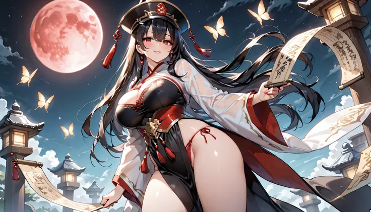 "A powerful and alluring female version of Black Wuchang (Hei Wuchang), the legendary soul guardian from ancient Chinese mythology. She wears a sensual variation of a traditional black Taoist robe combined with flowing hanfu elements — high slits, layered ...