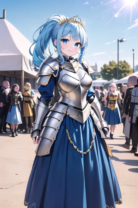  girl posing for a photo, pretty girl, Seductive Girl, Beautiful Anime Girl, (very young girl,is short in length,), 

#garment accessories 
( full plate armor  : (blue on yellow)Quinceanera(long skirt dress armor):1.6 + Heavy fabric:1.6 + (Blue and white)r...