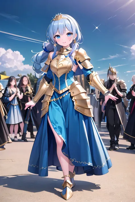  girl posing for a photo, pretty girl, Seductive Girl, Beautiful Anime Girl, (very young girl,is short in length,), 

#garment accessories 
( full plate armor  : (blue on yellow)Quinceanera(long skirt dress armor):1.6 + Heavy fabric:1.6 + (Blue and white)r...