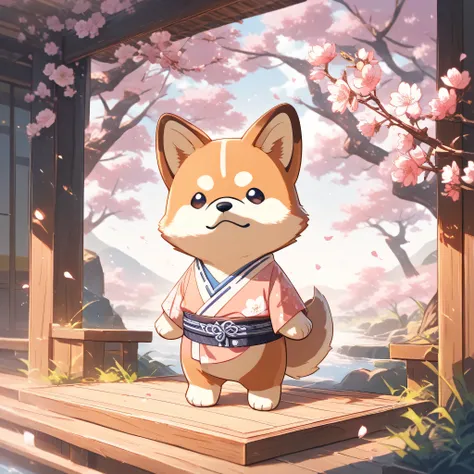 (masterpiece, best quality, ultra-detailed), a cute stylized shiba inu standing, rounded face, small black puppy-like eyes, short light brown fur with white markings, no bangs, no human hairstyle. Wearing a traditional Japanese kimono with subtle floral pa...