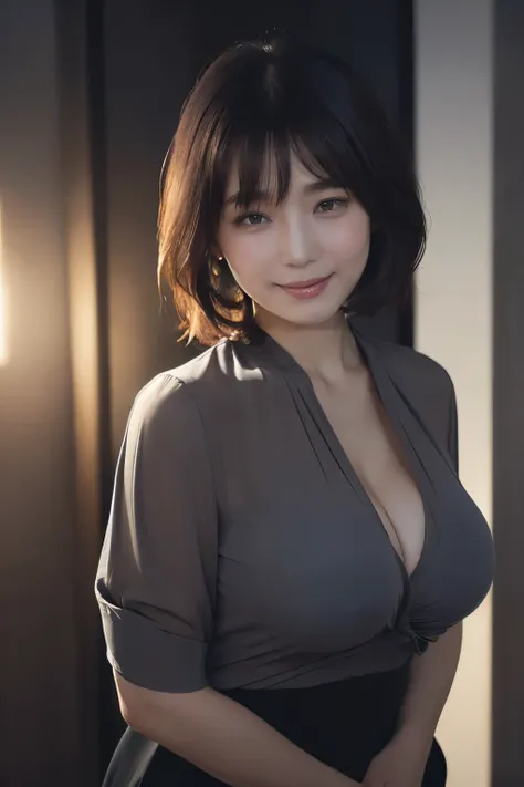 ((masterpiece、Highest Quality、最high image qualityの画像,  high image quality,  Photorealistic,  RAW Photo、Highly Detailed 8K Wallpaper  )),  Beautiful Secretary、 40 years old, realistic skin texture, about,  short hair, (The sun is shining in:1.8)、(A dressing...