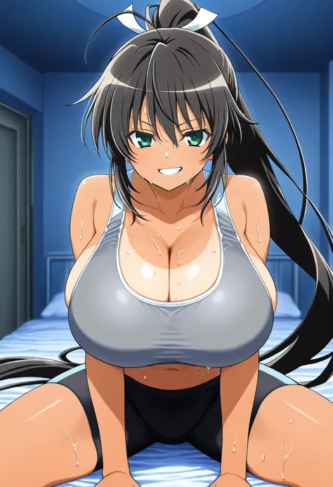 score_9, score_8_  up, score_7_  up, source_anime, anime screencap,  Homura_4xl size, very long hair, black hair, green eyes, hair bow, ponytail,  popup, too big chewy , hyper breasts,sports bra, Night Bedroom, sit on the bed, spread legs, grin, grins, smi...