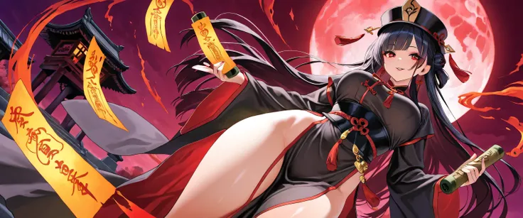 "A powerful and alluring female version of Black Wuchang (Hei Wuchang), the legendary soul guardian from ancient Chinese mythology. She wears a sensual variation of a traditional black Taoist robe combined with flowing hanfu elements — high slits, layered ...