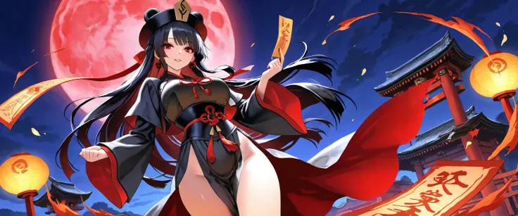 "A powerful and alluring female version of Black Wuchang (Hei Wuchang), the legendary soul guardian from ancient Chinese mythology. She wears a sensual variation of a traditional black Taoist robe combined with flowing hanfu elements — high slits, layered ...