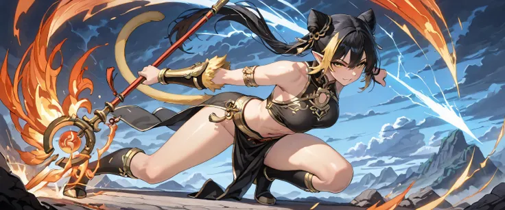 (masterpiece, best quality, ultra detailed, chinese fantasy style, 4k), a breathtaking female version of Sun Wukong (Tôn Ngộ Không), blending wild divine monkey essence with seductive warrior elegance. She has long wild black hair with golden streaks, gold...