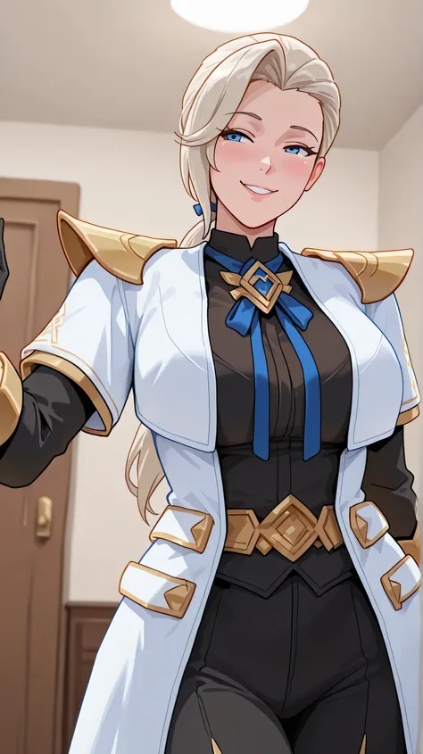 Silvanna ,a mature woman,blue eyes, light blonde hair, long haircut, low ponytail, side bangs, Long white gabardine coat with gold details, gold shoulder pads decorated with sharp tips, black shirt, blue bow, open coat, Gloves, black sleeves with gold trim...