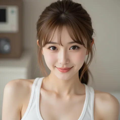 high resolution image of a woman with a mixed European-Asian face with brown blonde hair in a ponytail with a little bangs, with graceful eyes and a sweet smile that shows a little of her teeth, a high nose, rosy cheeks with a seductive gaze, wearing a whi...