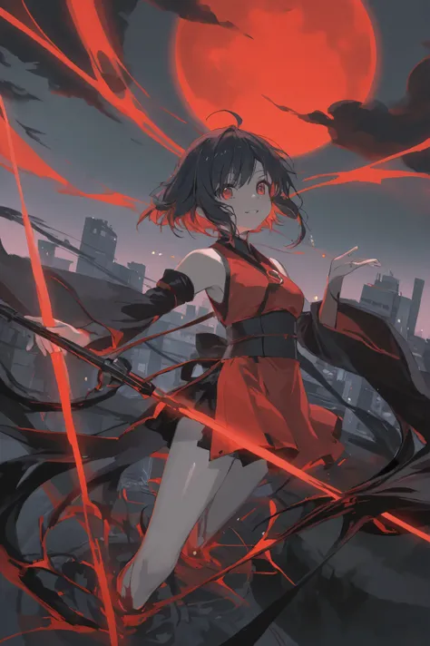 One delicate hand floats in the center of the screen、shiny red button with the tip of the {x} finger I'm trying to touch it softly。Two worlds unfold behind the button。A city that collapses on the left、Black smoke covers the sky。The right side is full of li...