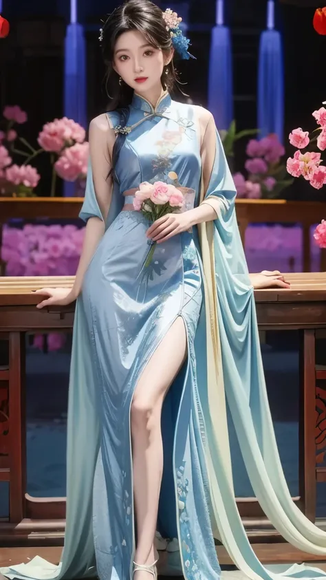 Real People,Long gown, 1 girl, [blue bow, blue eyes, blue flowers, Blue Ribbon, blue Rose, Chest, Chinese clothing , Chinese clothing , skirt, flower, Gradient , Gradient background, embroidered ball flower, watching the audience, small Chest, pantyhose...