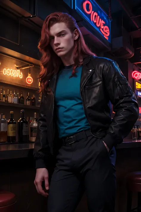 Full-lipped man, Male, sturdy body, long straight red hair, pale skin, blue shirt, black jacket with wide overside pants, Model pose wearing clothes, background in a bar with neon lights.