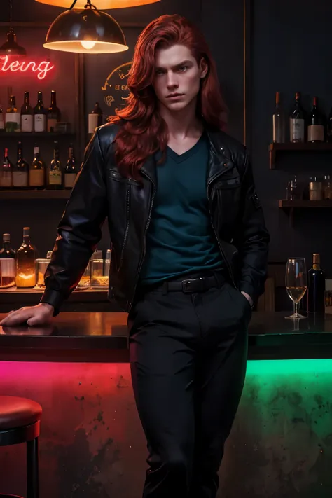 Full-lipped man, Male, sturdy body, long straight red hair, pale skin, blue shirt, black jacket with wide overside pants, Pose drinking from a glass, background in a bar with neon lights.