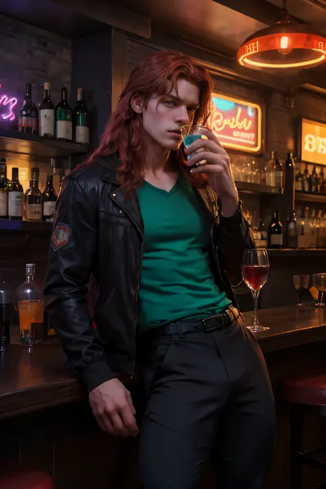 Full-lipped man, Male, sturdy body, long straight red hair, pale skin, blue shirt, black jacket with wide overside pants, Pose drinking from a glass, background in a bar with neon lights.