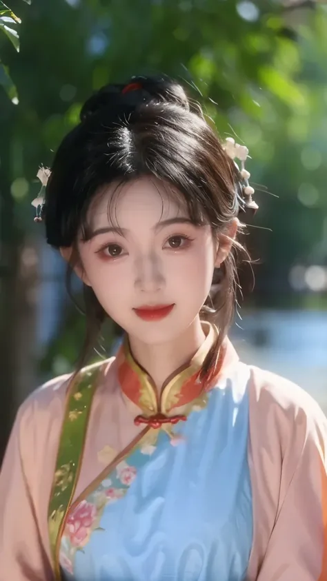 1 beautiful girl,best quality,(painting:1.5),Chest,torii,,depth of field, detailed face ,facial focus,ribbon_trim,(watching the audience:1.25),Smile,Thick lips,Real People,blue and white cheongsam,