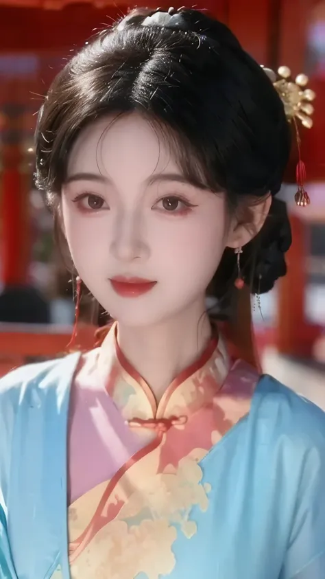1 beautiful girl,best quality,(painting:1.5),Chest,torii,,depth of field, detailed face ,facial focus,ribbon_trim,(watching the audience:1.25),Smile,Thick lips,Real People,blue cheongsam,