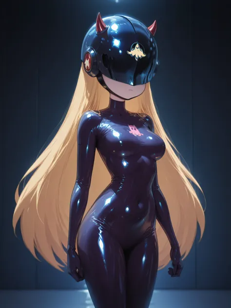 starbutterfly, 1girl, blonde hair, bodysuit, shiny clothes, covered eyes, dark persona, helmet, covered face , science fiction 