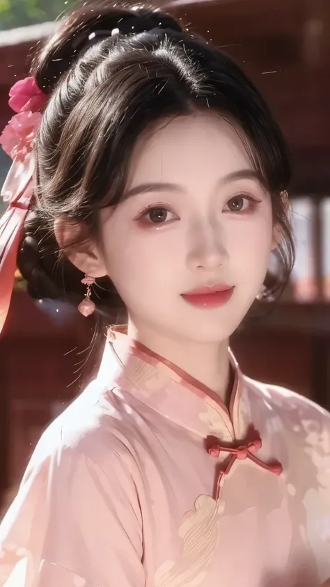 1 beautiful girl,best quality,(painting:1.5),Chest,torii,,depth of field, detailed face ,facial focus,ribbon_trim,(watching the audience:1.25),Smile,Thick lips,Real People,Pink cheongsam,