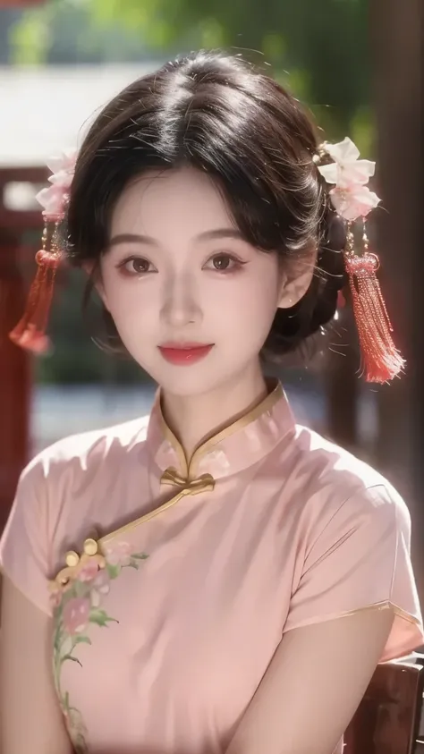 1 beautiful girl,best quality,(painting:1.5),Chest,torii,,depth of field, detailed face ,facial focus,ribbon_trim,(watching the audience:1.25),Smile,Thick lips,Real People,Pink cheongsam,