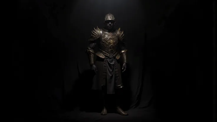 ornate medieval armor, The body is textured with metal pipes and gold circuits,Intricate silver carvings, dark metallic tones, Detailed shoulder pads, Meticulously designed breastplate design, segmented armored skirt, textured fabric elements, Armored Boot...