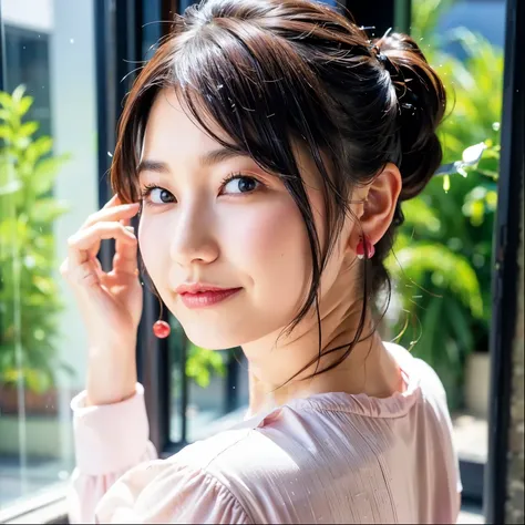 （viewers）,   (Lola：Amamiya Sky) （1 person，solo）（Brown Hair）（short ponytail hairstyle 1:2）（）（earrings)（）（）（hotel bathroom）（Beautiful breasts 1:2）（リアルを追求したAmamiya Sky）（long sleeve pink nightgown 1:2）（Red Lip）（Kisses to the camera）（ look back 1:2）（My hair is ...