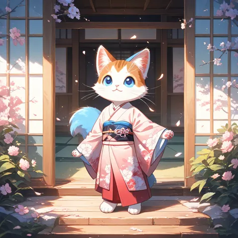 (masterpiece, best quality, ultra-detailed), a cute stylized ragdoll cat standing, rounded face, big gentle blue eyes, semi-long soft cream fur with darker points on the ears, face, paws and tail, wearing a traditional Japanese kimono with subtle floral pa...