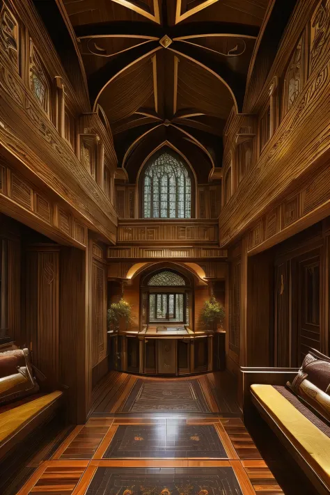 Interiors interior designs of a very tradititional very Klingon style large intricate detail styling designs vernacular home/keep-estates other buildings using exotic native rich dark woods stonework metals that look impressive imposing attractive and stro...
