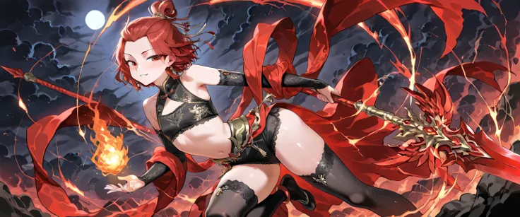 A mature, seductive, and powerful female warrior inspired by ancient Chinese mythology, around 16-18 years old. Her presence is both fierce and irresistible, with a sultry expression and an aura of dangerous allure. Her eyes burn with fiery intensity, exud...