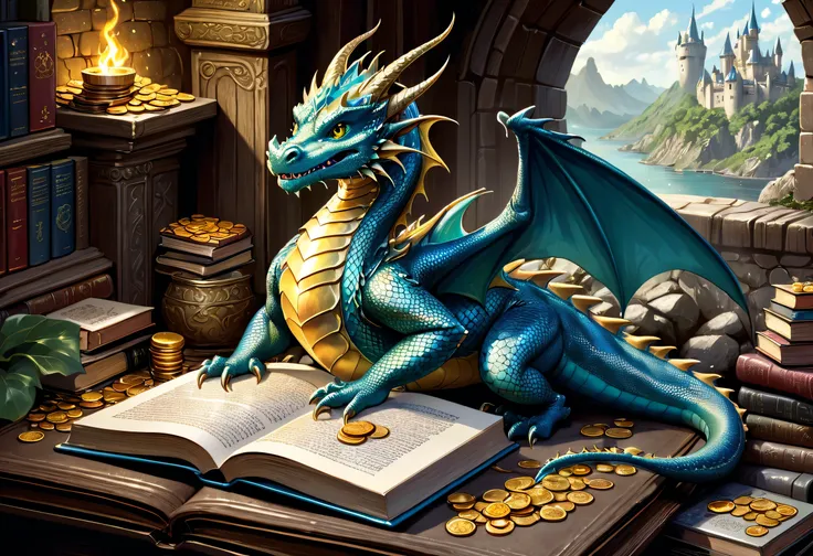 Illustration of a dragon sitting on a book with a pile of coins, Fantasy Books illustration,  fantasy RPG book illustration , detailed fantasy illustration, magic  fantasy very detailed,  detailed book illustration , Fantasy Books, full color illustration,...