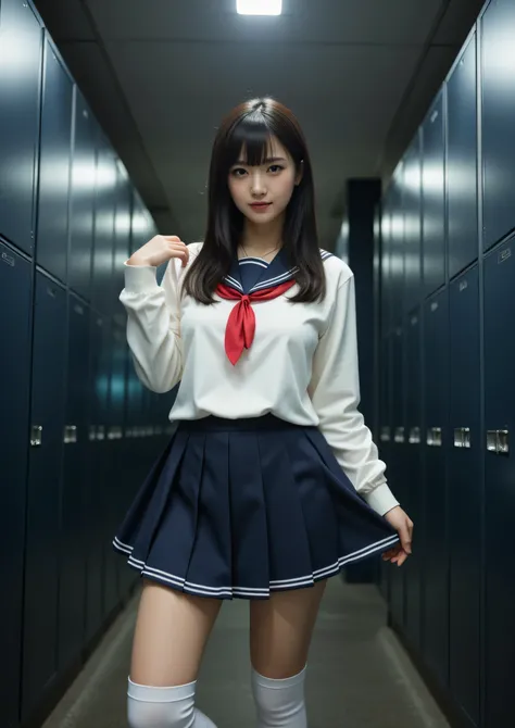  japanese cute idol, Japanese cute girl, kawaii, a beautiful young girl dressed up as a sailor girl, 1girl, solo, school uniform, serafuku, skirt, black hair, long hair, socks, masterpiece, best quality, hyper detailed, insanely detailed, 16k, absurdres, j...