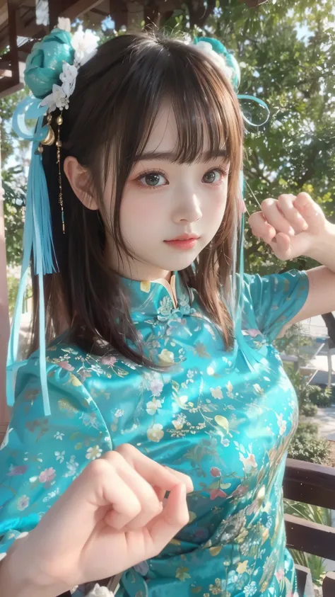 Beautiful girl in a nice emerald green Chinese dress poses、nice park、cute hair accessory、twin bun hair、(cute expression)、(detailed hands:1.3, perfect right hand:1.3、Precision at your fingertips)、Highest Quality、8K, RAW photos , reality、ultra high definiti...