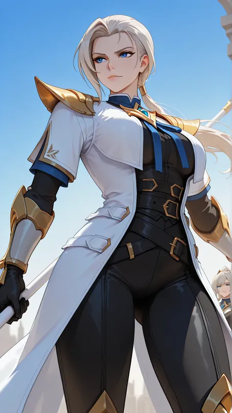 SilvanaBase, blue eyes, light blond hair, long haircut, low ponytail, side bangs, Long white gabardine coat with gold details, gold shoulder pads decorated with sharp tips, black shirt, blue bow, open coat, Gloves, black sleeves with gold trim, tight black...