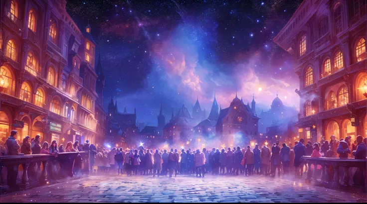 A large crowd of people o, in a city square at night with a starry sky and buildings in the background, galaxy sky