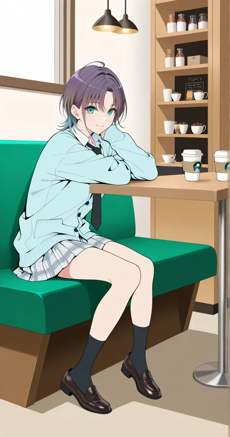 2Danime-style, Cell-shaded style, (flat color:1.3), Toru Asakura, t_asakura, full body shot, sitting pose, sitting at a table in a cafe, (box seat or counter:1.2), drinking tea with a Starbucks-style cup, light smile, Looking at viewer, flawless porcelain-...